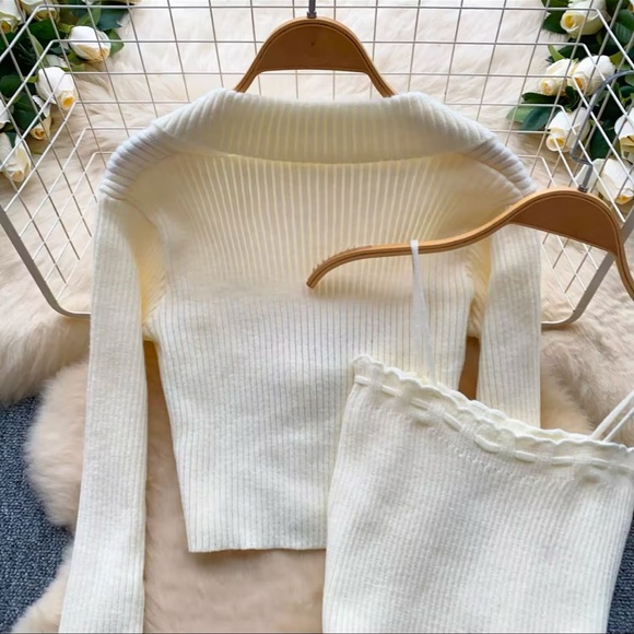 New Co-ord Skirt Knit Set Sweater Ivory Cream Beige Pleated Button Tank Mini - Picture 5 of 16